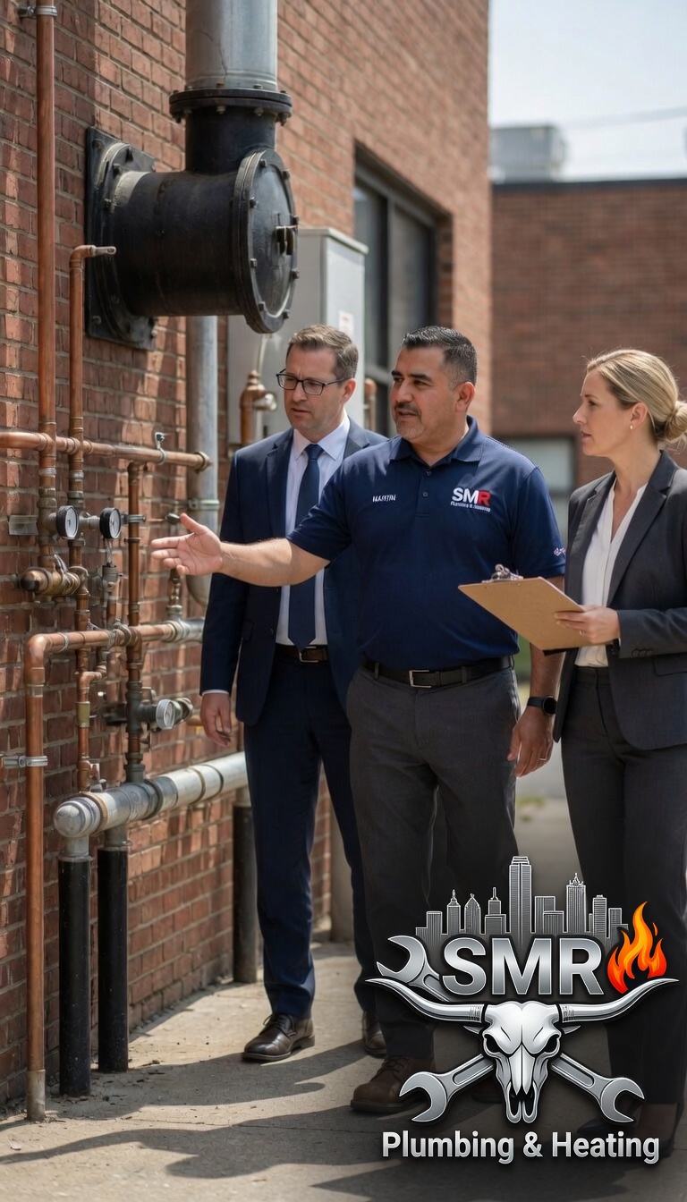 Martin, owner of SMR Plumbing & Heating, inspecting a commercial system with clients
